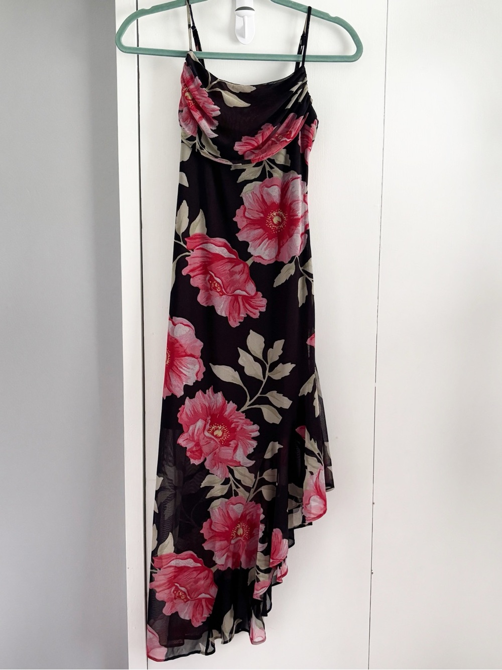 Black Floral Asymmetric Slip Dress with Pink Blooms